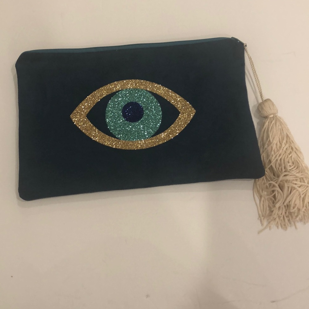 Evil eye blue velvet tassel makeup case sparkly